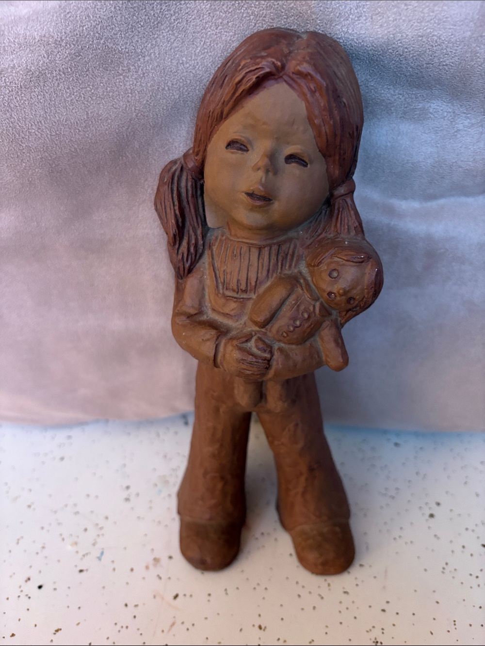 Brown Ceramic Girl Figurine Holding Doll-Vintage Lee Bortin